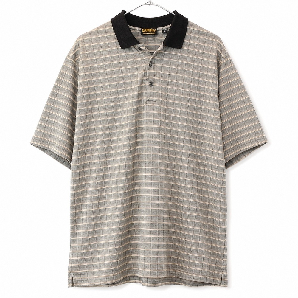 Vintage Sahara Gold Collection Golf Polo Shirt Mens Large Grey Plaid Cotton EUC